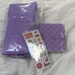 Instax accessories, large bag, and photo album with stickers in light purple